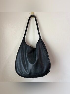 Margot NY Black Pebble Leather Slouchy Hobo Bag Braided Whipstitch Boho Tote
